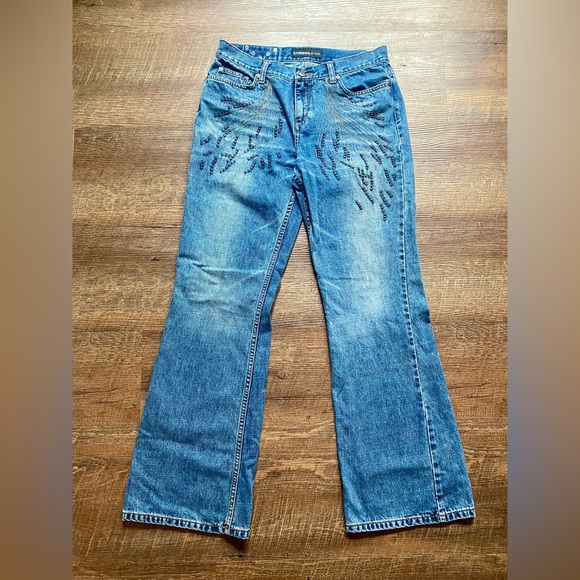 EXPRESS jeans embroidered studded denim 9/10 vintage Y2K flare EUC juniors - Picture 2 of 14